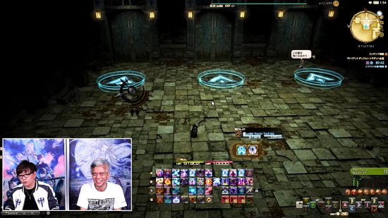 FFXIV patch 6.2 - Yoshida and Murouchi look at three possible paths to take in a stone dungeon, each highlighted by a large blue circle on the ground