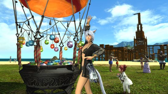 FFXIV Moonfire Faire 2022: A player character stood in front of others enjoying the event and a potluck-style cauldron