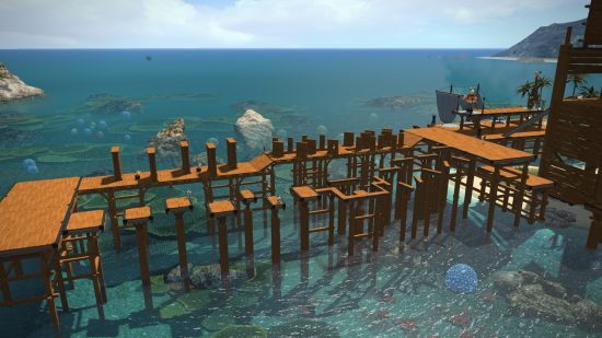 FFXIV Moonfire Faire 2022: A view from afar of the two tracks, one with platforms and the other with bombs