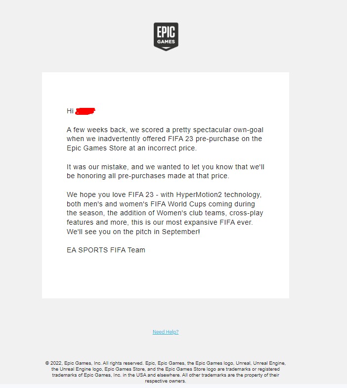 FIFA 23 players who paid pennies on Epic Store can apparently keep it: an email from EA Sports to FIFA 23 Epic Games Store players