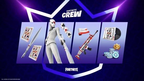 Fortnite Crew September. This image shows off all of the items that Loveless comes with, all of which are playing card-themed. 