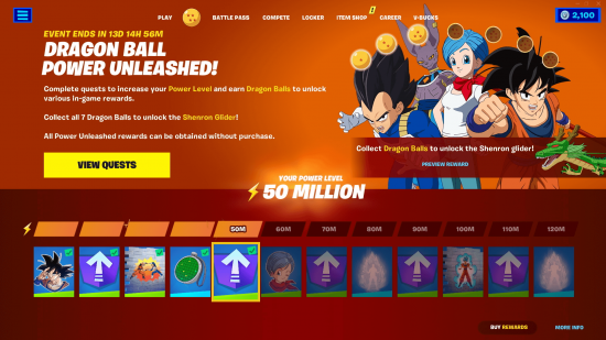 Fortnite Dragon Ball Quests: All Power Unleashed challenge rewards list.