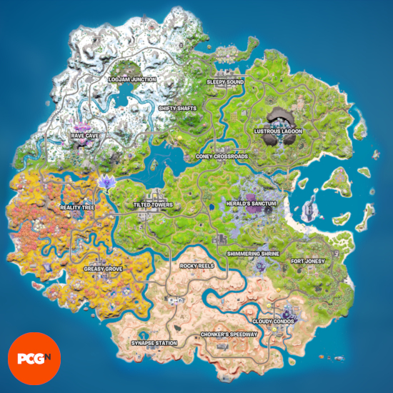 Fortnite Chapter 3 Season 4 map: the current map as it stands at the beginning of Chapter 3 Season 4. Several locations have changed names, with the southwest side turning autumnal and the eastern side becoming infected with chrome.