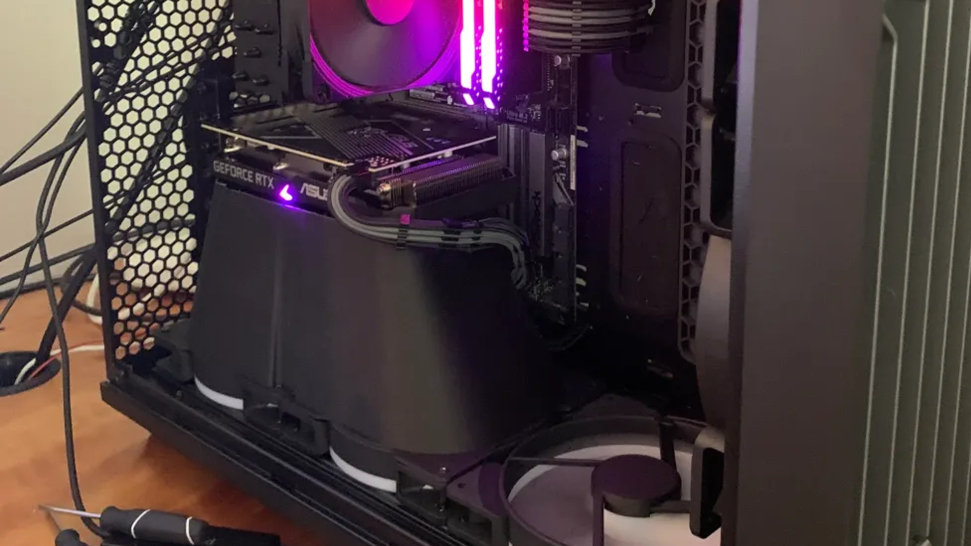 3D Printed gaming PC mod within Fractal case with Asus Nvidia RTX 3060 GPU on top and RGB RAM in view