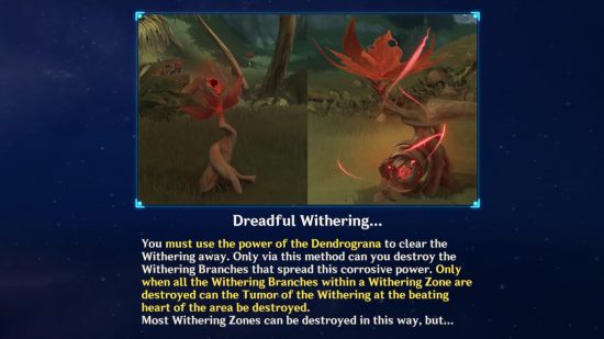 Genshin Impact Withering Zone: the tutorial page on how to destroy Withered Branches