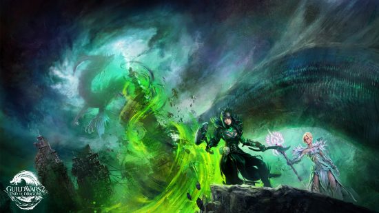 guild wars 2 steam: End of Dragons expansion concept art woman in black and mage in white stand against green tower