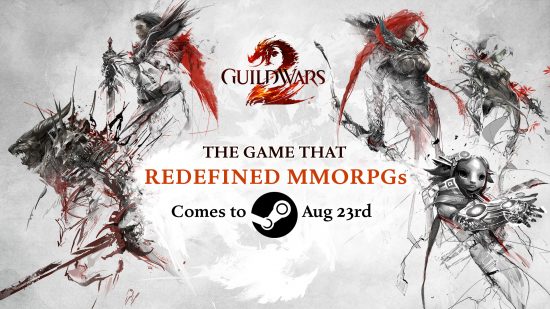 Guild Wars 2 Steam release interview: Poster saying GW2 is the 'game that redefined the MMORPG" on marbled while background