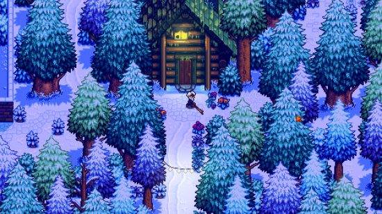 Haunted Chocolatier game: An old man swings a sword in a dense snowy forest
