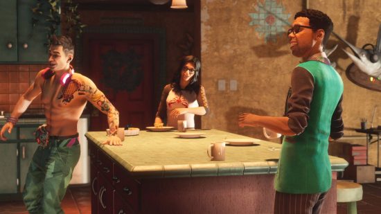 Как долго длится список миссий Saints Row: Кев, Нина и Илай стоят на кухне, приветствуя персонажа игрока дома.  Плеер за кадром.