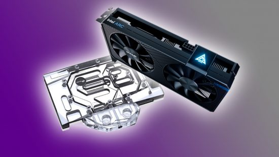 Intel Arc A380 graphics card next to water cooling block on purple backdrop