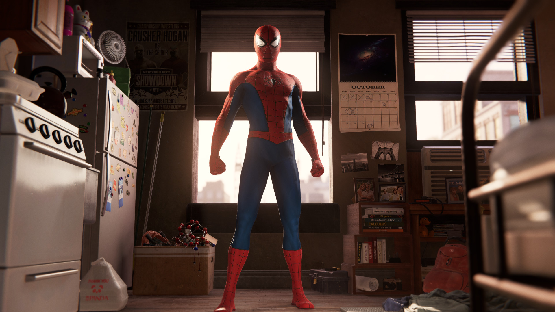 Marvel's Spider-Man Remastered PC review: The titular hero stands against a sunlit window, surrounded by the mess of his room