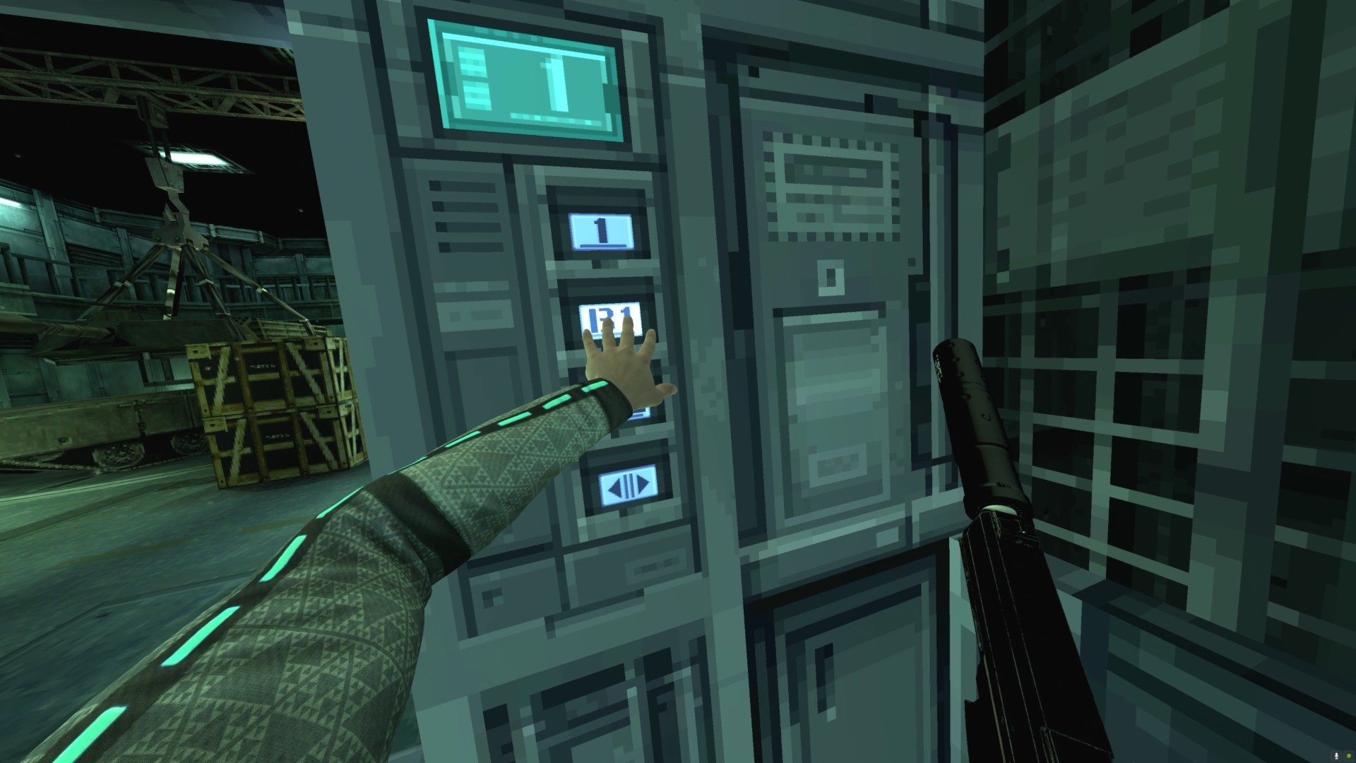 Metal Gear Solid VR mod via Boneworks with plans for Oculus Quest 2. Solid Snake reaches out to press an elevator button in first-person.