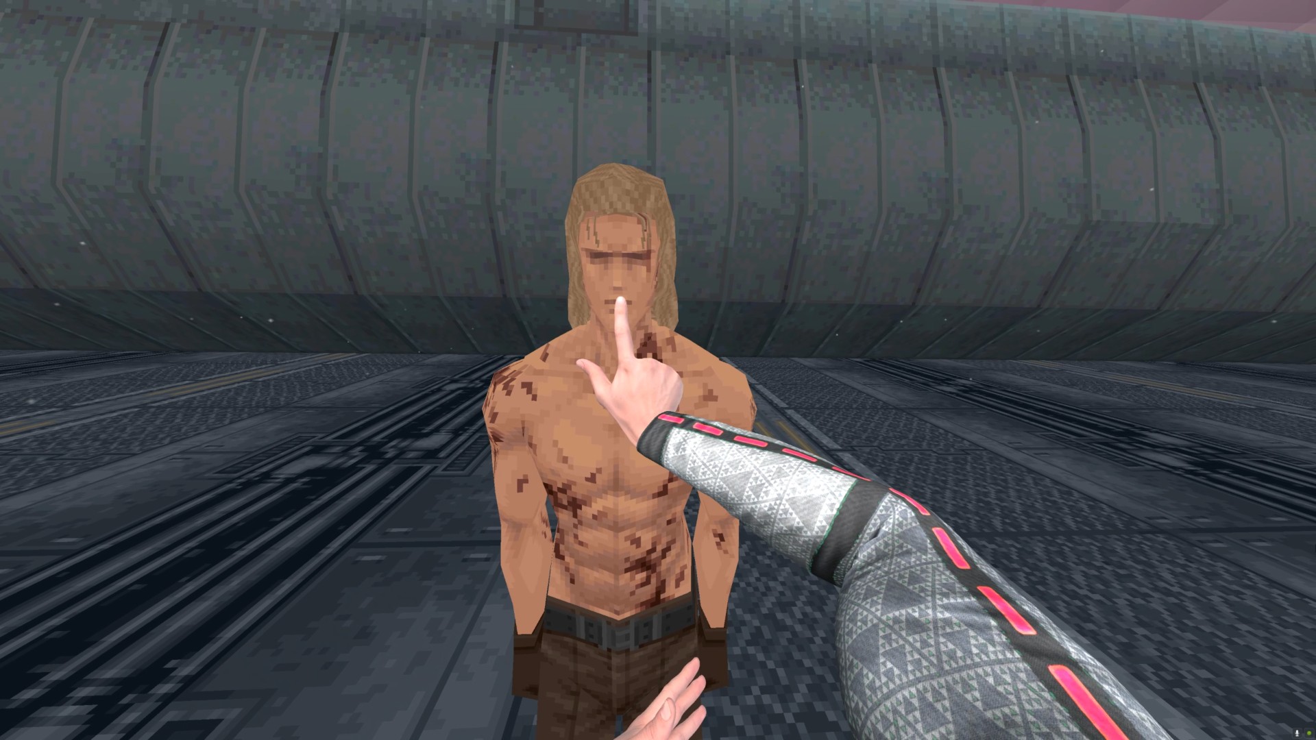 Metal Gear Solid VR mod via Boneworks with plans for Oculus Quest 2. Solid Snake puts a finger to the lips of Liquid Snake in a first-person VR mod.