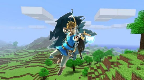 Minecraft Breath of the Wild image showing Link in front of a Minecraft landscape full of trees and grass.