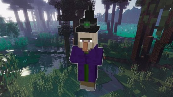 Minecraft Cursed Mobs made by a YouTuber. Shows a Minecraft Witch in a creepy forest.