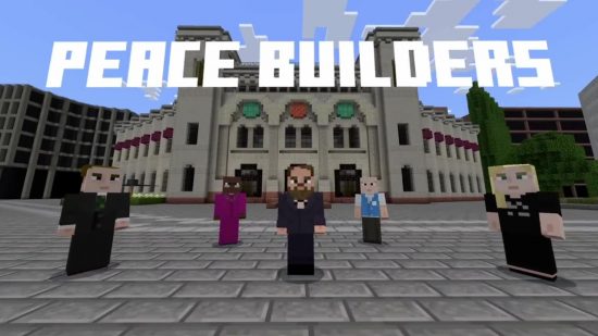 Minecraft Map peace builders follows four peace prize winners. This image shows them in Oslo. 