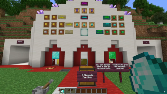 Minecraft Redstone Slot machine. This image shows the fan-made slot machine while the player holds a diamond. 