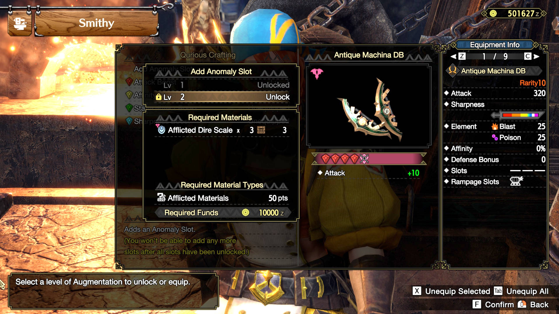 Monster Hunter Rise Sunbreak Anomaly Investigations: the Smithy showing Qurious Crafting, which allows you to spend high-ranking afflicted materials to add upgrades to weapons and armour. Here we see the option to add an anomaly slot to Antique Machina Dual Blades.