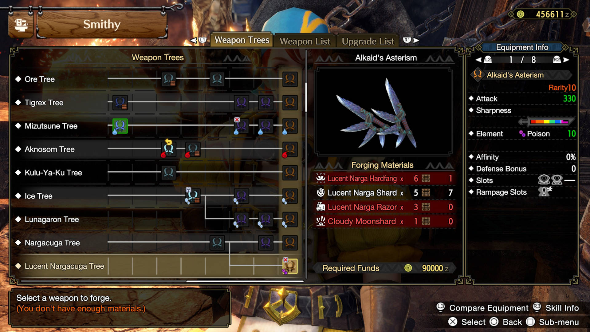 Monster Hunter Rise Sunbreak Lucent Nargacuga: Alkaid's Asterism weapons crafting at the Smithy. It's part of the Lucent Nargacuga weapon tree.
