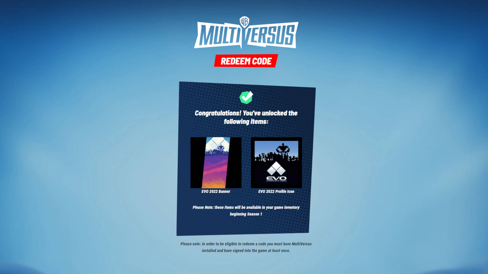 Multiversus codes redeem: the confirmation message from the Multiversus codes site that says the items are successfully unlocked.