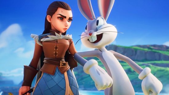 Multiversus crossplay: Arya Stark stands quizzically with her sword in hand, while Bugs Bunny leans his arm on her.