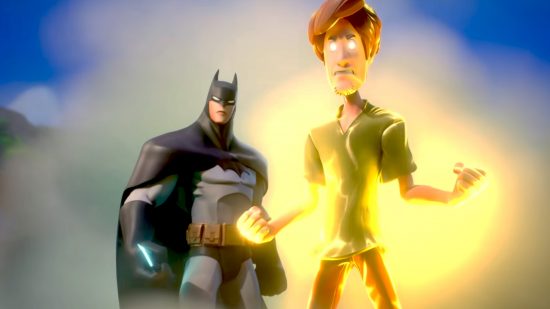 Multiversus free characters: Batman standing next to an enraged Shaggy as he emits a yellow glow