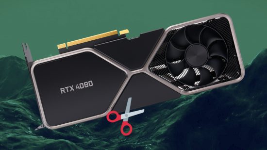 RTX 4080: Nvidia GeForce card on green backdrop next to emoji scissors