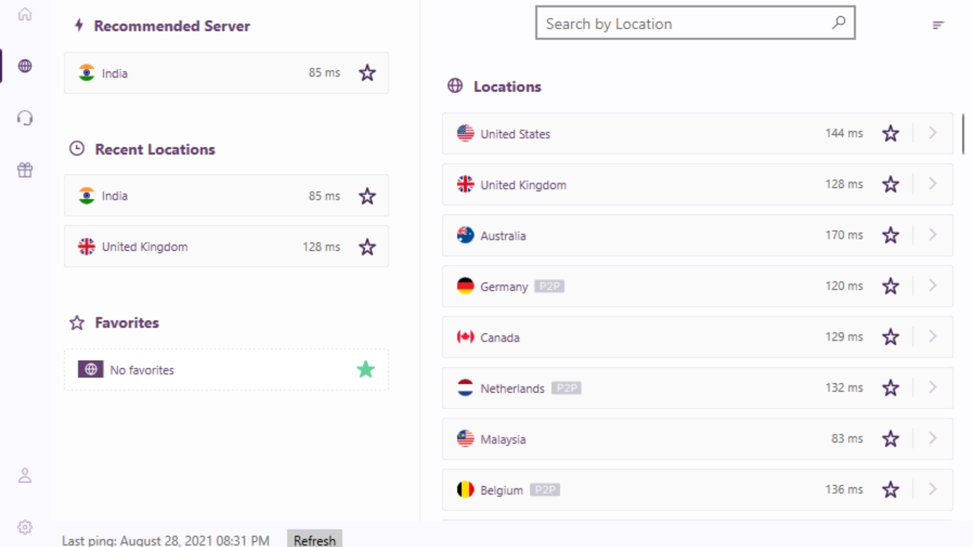 PureVPN screenshot showing a selection of available servers.