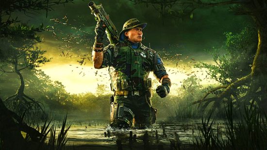 Rainbow Six Siege new operator Grim standing thigh-deep in a swamp