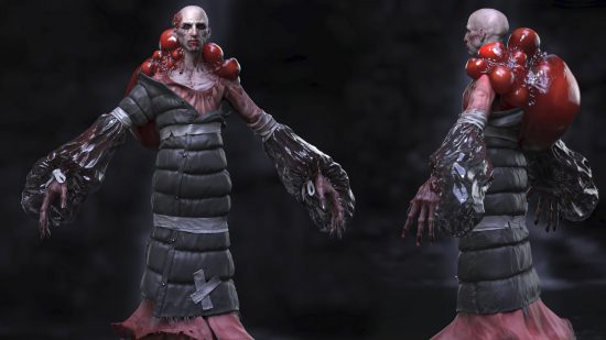 Redfall vampires: A 'blood bag' enemy type, seen from two angles, wearing a long puffy winter jacket with huge sacs of blood emerging from the collar