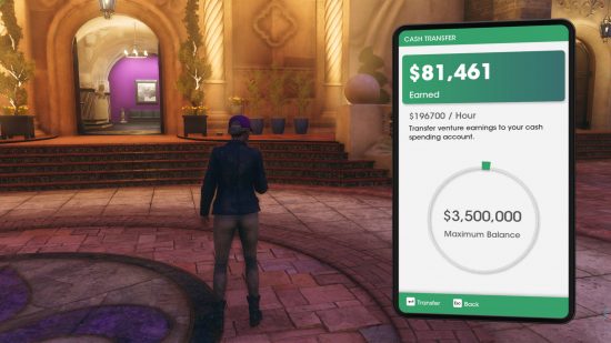 Saints Row guide: the cash transfer app is open on the player's mobile phone and displayed to her right.