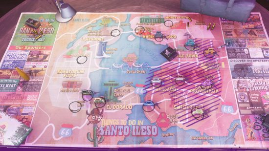 Saints Row guide: a map showing all of the placed criminal ventures. The map has some hand-drawn versions of the landmarks.