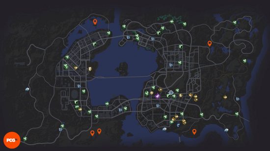 Saints Row lost wheels: orange pins showing where all of the Bandaged car parts are in Saints Row.