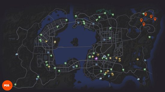 Saints Row lost wheels: orange pins showing where all of the Naval car parts are in Saints Row.