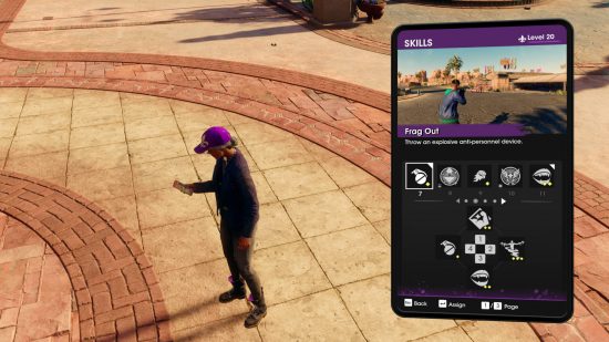 Saints Row skills: a player looking at their phone, which is displayed on the right side of the screen. There are four skills equipped, one of which is the grenade.