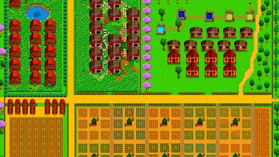 Stardew Valley mod Stardew Realty - several adjacent fields, some full of crops and others housing rows of farm buildings