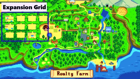 Stardew Valley mod Stardew Realty - map showing the expansion grid of additional plots for sale in the mod