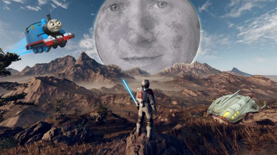 Planet Todd Howard looks down on a Thomas spaceship and Fallout UFO in the world of Starfield Star Wars mods