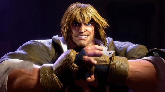 Ken Masters smiling with a toothy grin as he clenches his fists together
