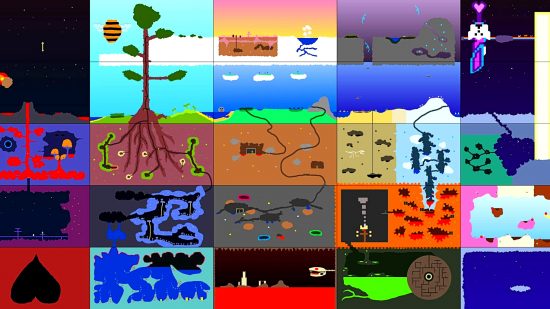 Terraria - "Terraria 2 map concept art" as described by lead developer Redigit: a series of rectangles featuring crude drawings of different possible biomes