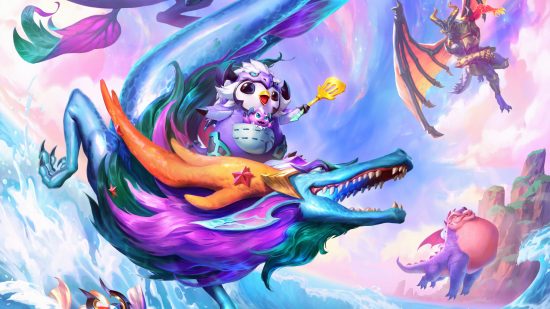 tft set 7.5 aurelion sol: Small penguin in a dragon costume rides a blue chinese dragon in waves as a black and orange drake watches from afar