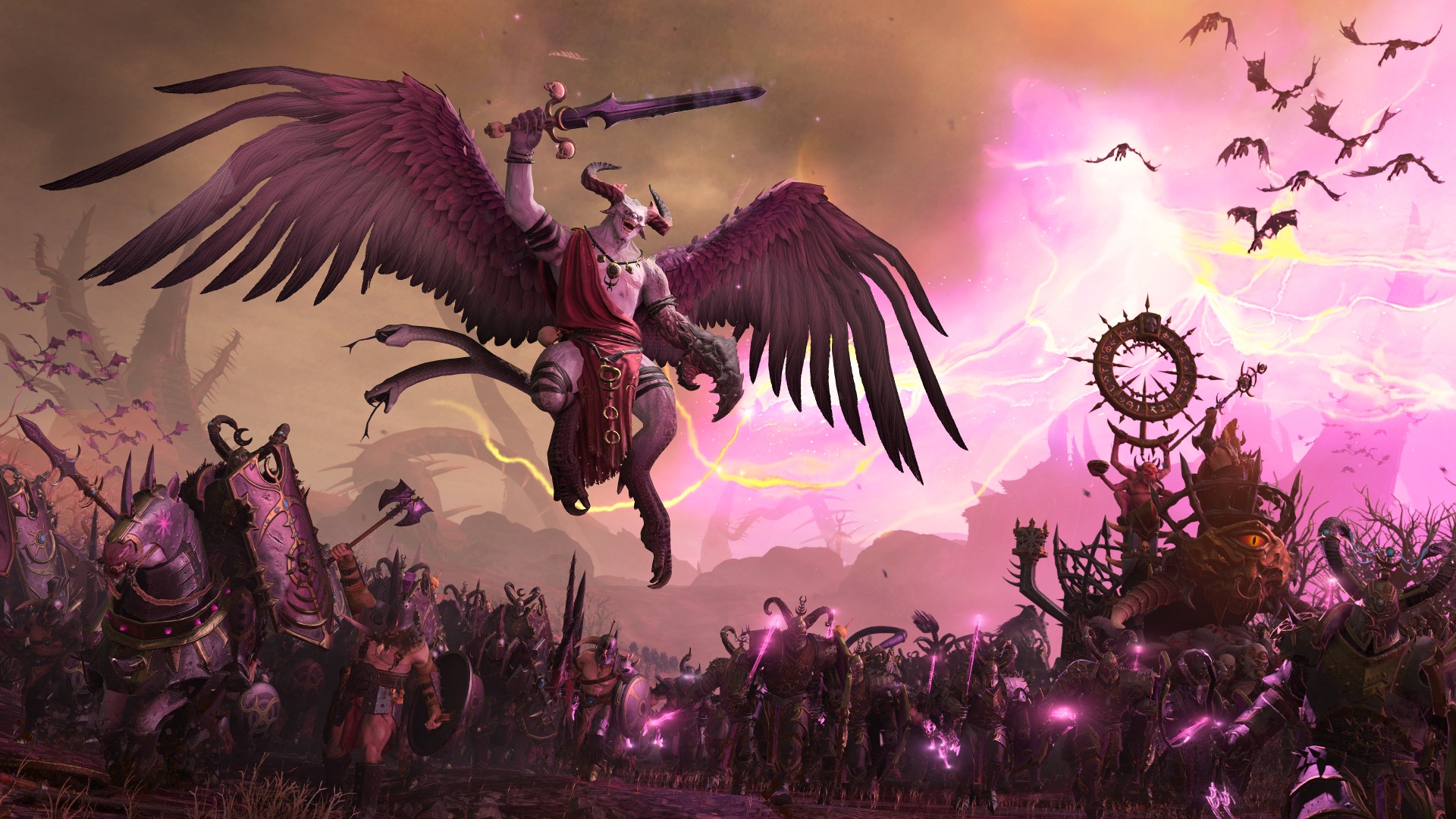 يقول مطور لعبة Warhammer 3: Immortal Empires أن المستوطنات 'على رأس القائمة': وحش طائر عملاق يطير فوق ساحة معركة خيالية