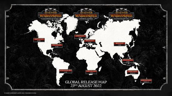 Peta yang menunjukkan waktu rilis kerajaan abadi Warhammer 3