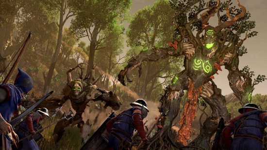 Factions Warhammer 3 Immortal Empires: Soldiers of the Empire run up to the Wood Elf Ent