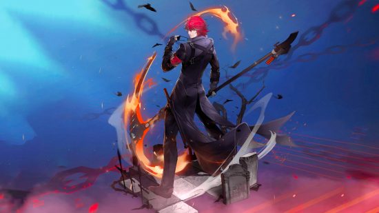 Tower of Fantasy tier list: King stands upon a cemetery square with his back to the viewer, his scythe burning with fire resonance, as birds fly overheard