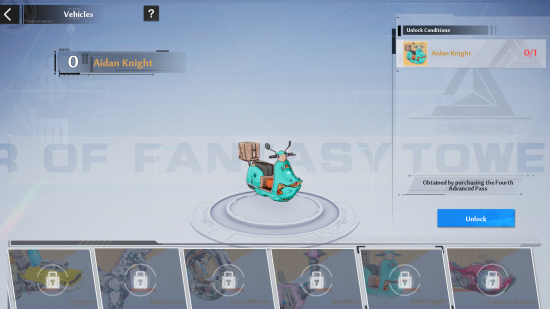 Tower of Fantasy vehicles guide: The Aidan Knight, a teal moped with a package strapped to its pillion, as displayed in the Tower of Fantasy vehicles menu.