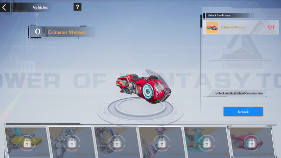Tower of Fantasy vehicles guide: The Crimson Meteor, a hot-rod red muscle bike that glides effortlessly above the ground, as displayed in the Tower of Fantasy vehicles menu.