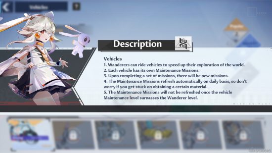 Tower of Fantasy vehicles guide: Menu description for Tower of Fantasy vehicles and maintenance missions.