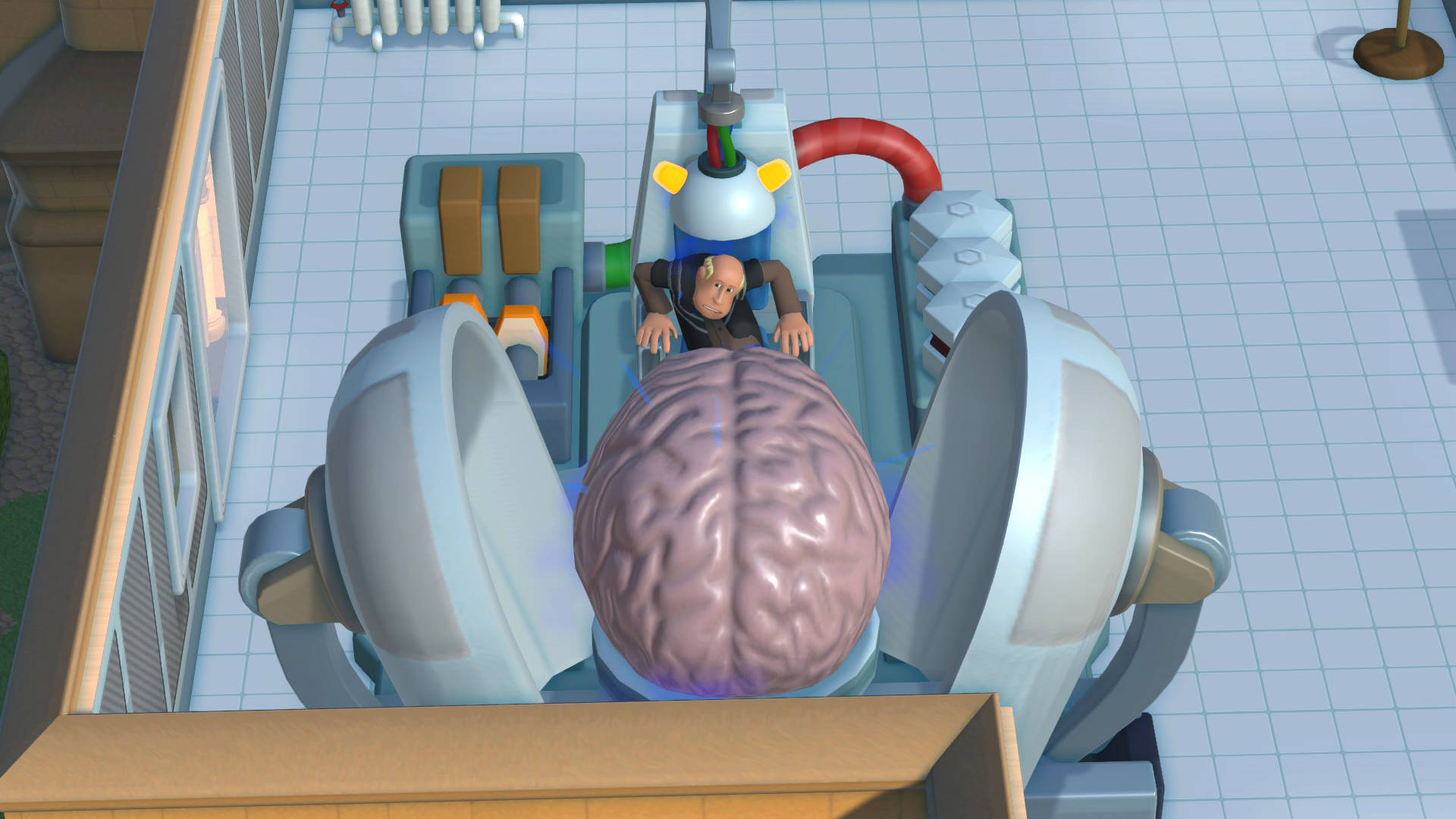 Two Point Campus grades: a teacher is looking quizzically at a giant brain inside a machine.