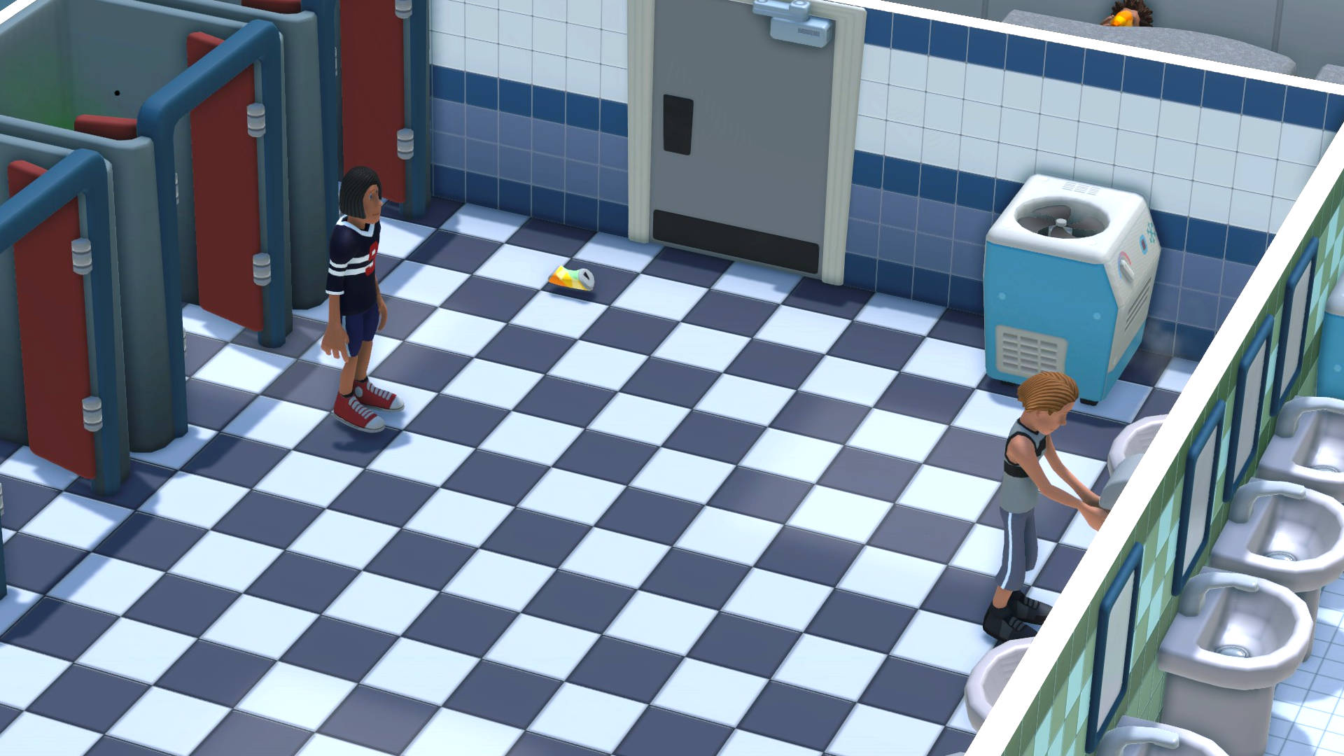 Two Point Campus guide: a bathroom with two people in it. One is watching the other washing his hands.
